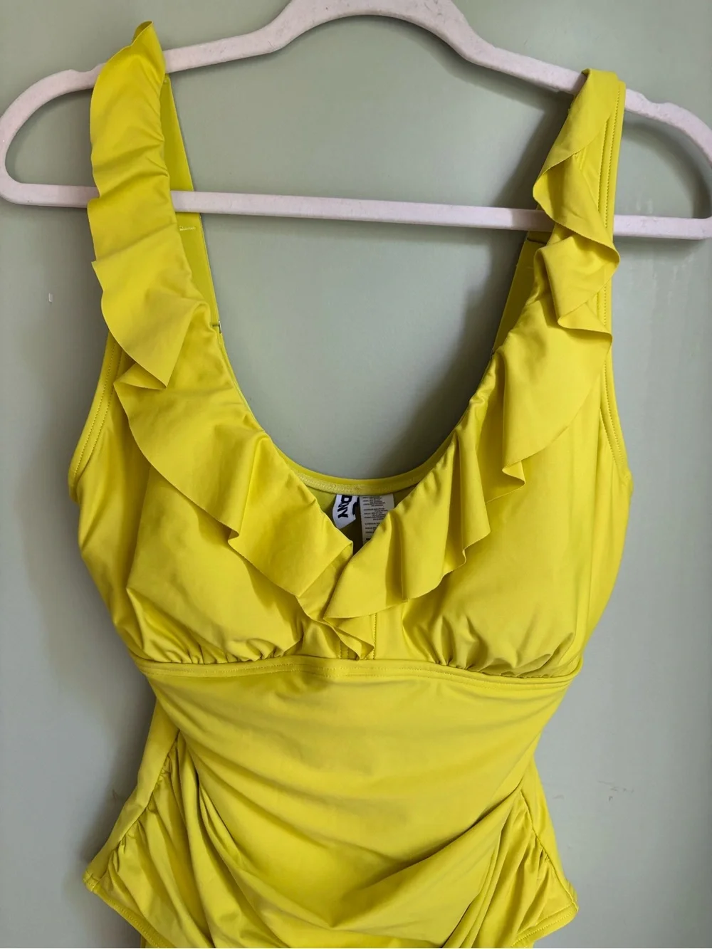 DKNY Ruffle Plunge Underwire Tummy Control Swimsuit. Bright Yellow size Large